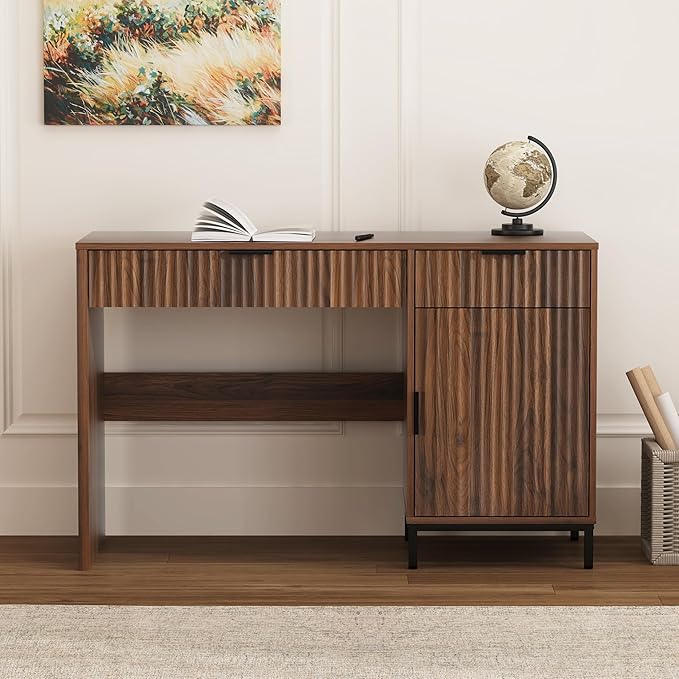 47 Office Desk with Fluted Drawers Wooden Home Exectuive Desk with Storage Cabinet Charging Station Metal Legs Modern Farmhouse Computer Desk for Work Study Brown