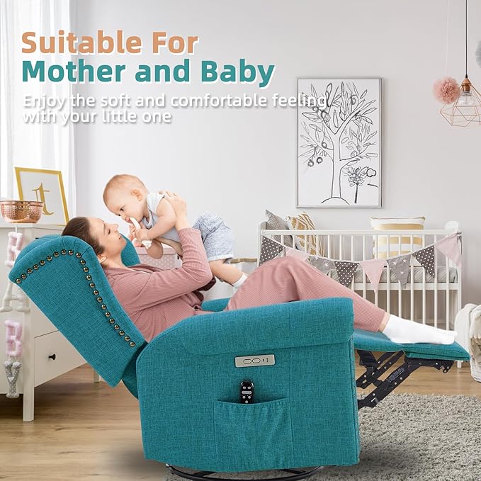 MEETWARM Power Swivel Rocking Glider Recliner Chair with Heat and Vibration Electric Rocker Nursery Reclining Chair Wingback Tufted Upholstered Recliner for Living Room Type-C &amp USB Ports (Teal