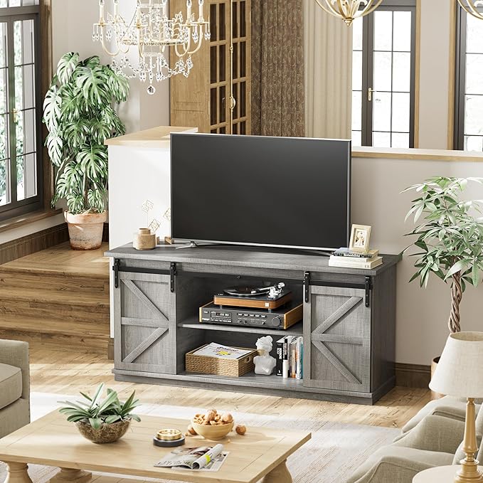 JUMMICO TV Stand for 65 Inch TV Entertainment Center with Storage Cabinets and Sliding Barn Doors Mid Century Modern Media TV Console Table for Living Room Bedroom (Pale Gray)