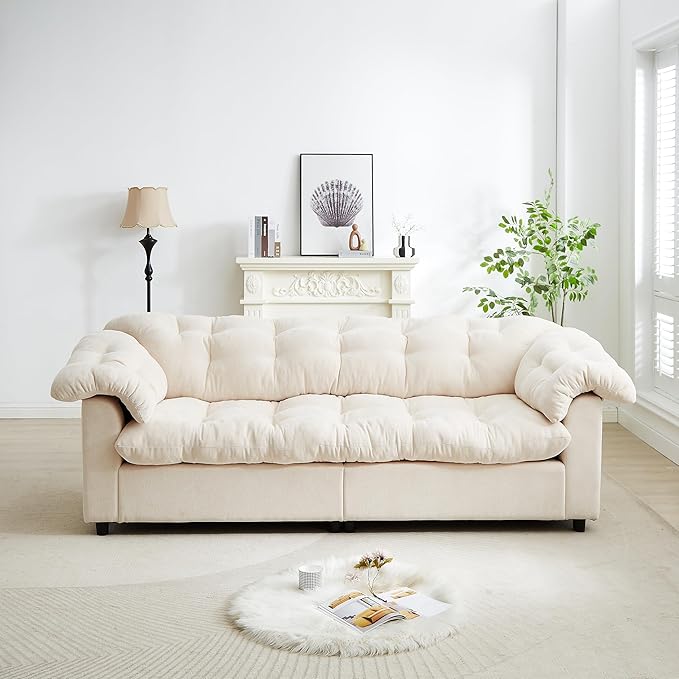 KEIKI 94.8 Chenille Deep Seat Modern Cloud Sofa Fluffy Deep Cushion Upholstered 3 Seat Couch with Wood Frame Support Designed for Offices Studios Waiting Areas and Stylish Professional Interiors