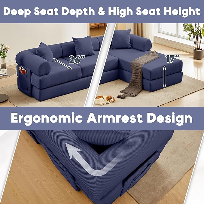Modular L Shaped Sofa Bed with Cylindrical Pillow &amp Reversible Chaise Corduroy Convertible Floor Boneless Sofa Couch Bed with Fixed-Shape Frame &amp Storage Pocket for Living Room Blue