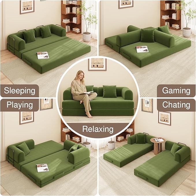 Ahomly 78.8'' Convertible Sofa Bed5-in-1 Boneless Couch with Removable ArmrestsFolding Futon Sofa Bed Includes 2 PillowsComfy Pull Out Couch for Living RoomNo Assembly RequiredGreen