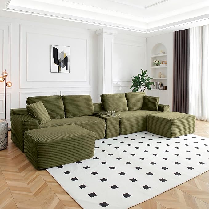 150 Oversized U Shaped Cloud Sectional Couches for Living Room Comfy Fluffy Corduroy Upholstered Boneless Couch Large Modular Sectional Sofa with Ottomans Cup Holder USB Port Console | Storage