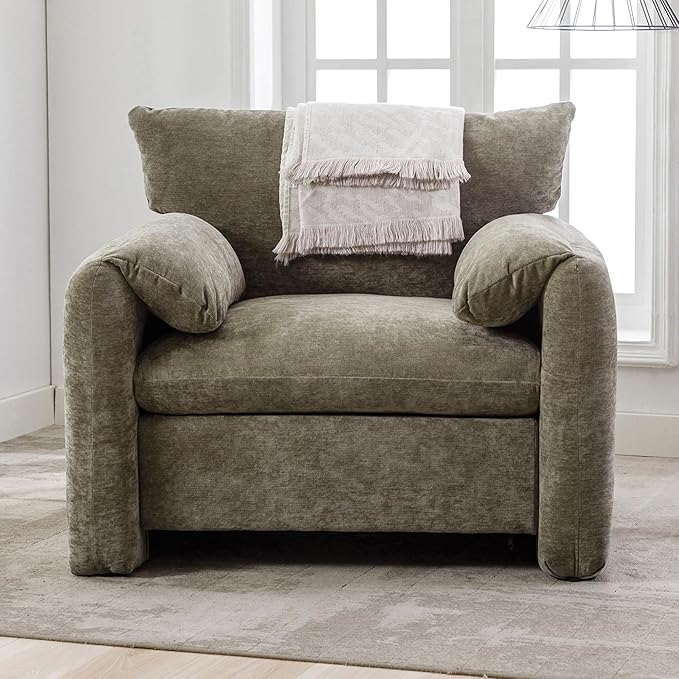 Chenille Oversized Armchair Modern 38''W Accent Chair Matcha Green Reversible Bread-Style Reading Armrests ChairsComfortable Seating for Living Room &amp Bedroom Furniture (Matcha Green)