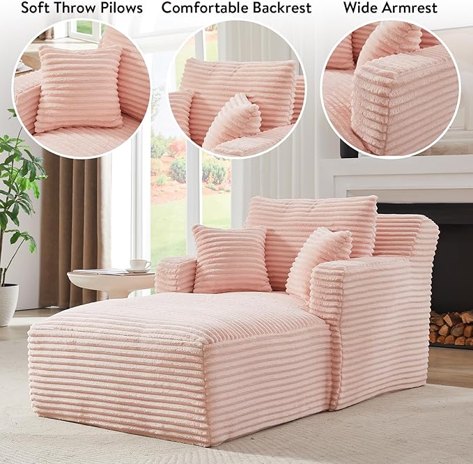 Chaise Lounge Chair Indoor Upholstered Corduroy Single Lounge Sofa Couch Comfy Reading Recliner Sleeper Sofa Chair Bed with Armrests and Pillows for Bedroom Living Room (Pink)