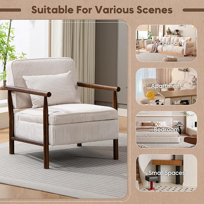 Yoglad Accent Chair with Storage Corduroy Fabric Reading Chair with Wood Frame Mid Century Modern Storage Armchair for Living Room Bedroom Apartment(Antique White)