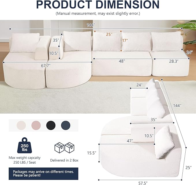 144 Oversized Sectional Sofa with Chaise Lounge Boneless Couches for Living Room Modern Luxury Chenille 5-Seater Sofa Deep Seat U-Shape Curved Cloud Couch No Assembly Required (White)