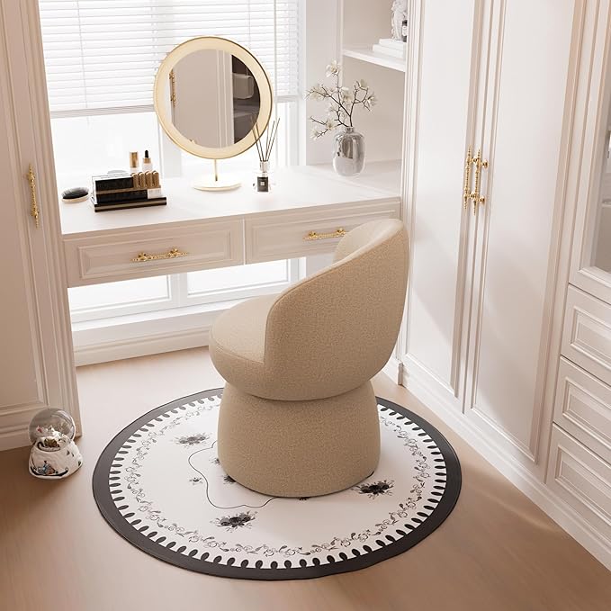 Rowill 360 Degree Swivel Vanity Chair Barrel Textured Accent Chair with Boucle Fabric Modern Khaki Accent Chairs for Living Room Dressing Room Reading Nook