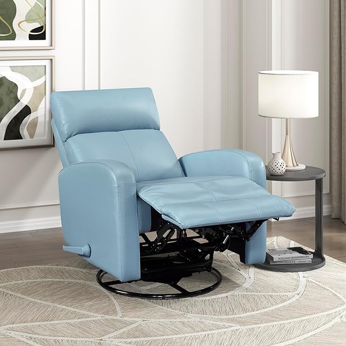 Lexicon Swivel Glider Reclining Chair Top Grain Leather Match Manual Pull Handle Recliner Comfy Nursery Glider Recliner Swivel Reclining Chair for Living Room/Office/Bedroom/Apartment Blue