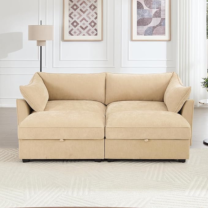 Aoowow Modular Sectional Sofa with Pullout Storage Seat 78.7” Chenille 2-Seat Sofa Couch Upholstered Love Seat Couches with 2 Storage Ottomans for Living Room Apartment OfficeWheat