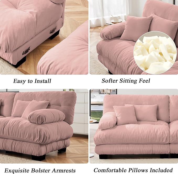 U Shaped Couch Modular Sectional Sofa Modern Deep Seat Cloud Couch 3-Seater Modular Couches for Living Room Comfy Chenille Sofa Bed with Round Armrests 5 Pillows Pink Sofas for Bedroom