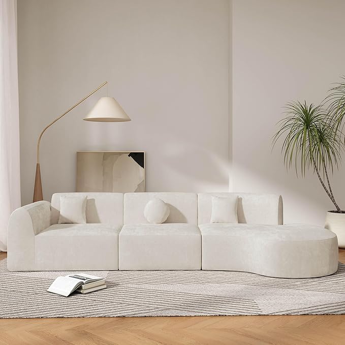 140 Modular Sectional Sofa with Curved Chaise Lounge Oversized Modern Sofa Set Right Hand Facing with Chenille Fabric Boneless Couches for Living Room 3-Piece Set Off-White