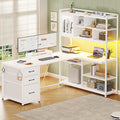 SEDETA L Shaped Computer Desk 58'' Office Desk with 3 Drawers and Bookshelf L Shaped Corner Desk with Storage Shelves and LED Light for Home Office Gaming Desk L Desk White