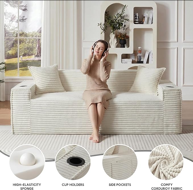 Boneless Sectional Sofa Couch with Cup Holders &amp Side Pockets Modern Corduroy Fabric Deep Seat 3-seat Cloud Couch for Living Room Office No Assembly (White)