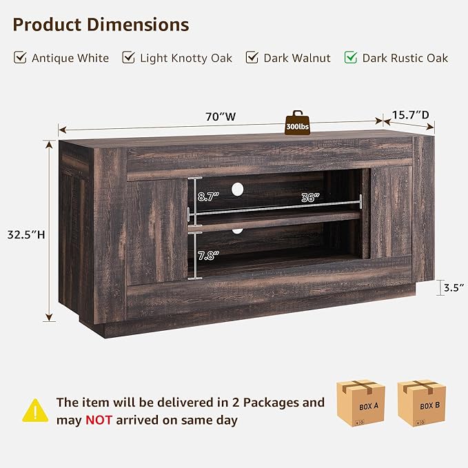 OKD Modern 70 TV Stand Entertainment Center for TVs Up to 80 Media Console with Large Open Storage &amp Side Cabinets Thick Wood Design for Living Room Dark Rustic Oak