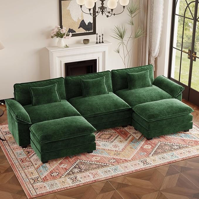 HUSFU 120 Cloud Couch Modular Sectional Sofa with Ottoman 3-Seat Modern Chenille Upholstered U-Shaped Deep Seat Sofa Couch for Living Room Bedroom and Apartment Green