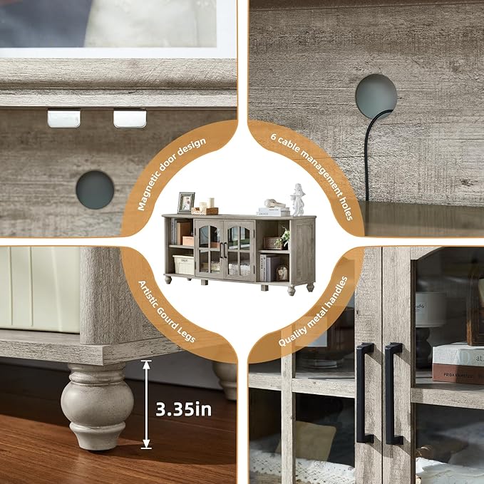 Farmhouse TV Stand for 60 Inch TV Wood Entertainment Center with Glass Door Storage Cabinet &amp Adjustable ShelvesTelevision Stands for 65 TVS Grey TV Console Table for Living RoomBedroom