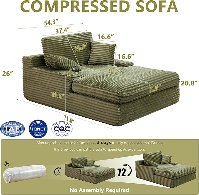Hanherry 54x71 Oversized Chaise Lounge Sofa Chair Indoor Corduroy Memory Foam Couch Plush Reading Chair Upholstered Sofa Bed Couches with 2 Throw Pillows for Living Room Bedroom No Assembly