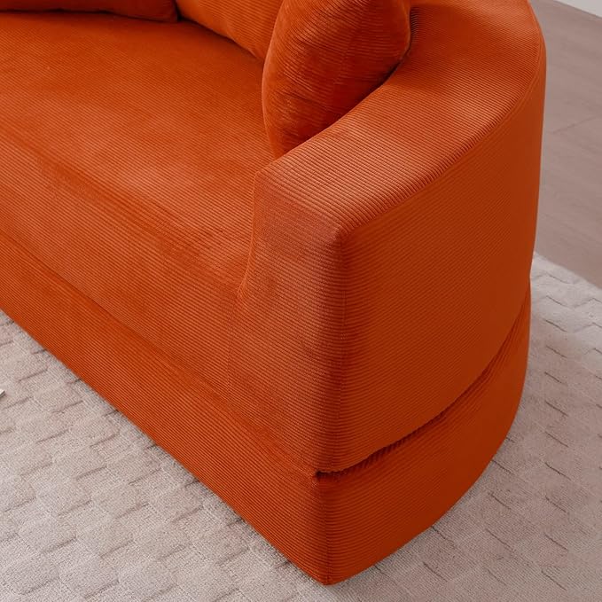 Folding Sofa Bed Corduroy Circular Boneless Couch No Assembly Convertible Sleeper Sofa with 3 Pillow Comfy Futon Sofa Bed for Apartment Office Bedroom Living Room Orange