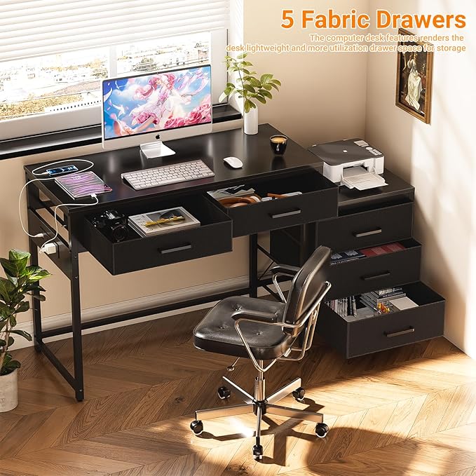 Unikito Reversible Computer Desk with 5 Drawers Sturdy Office Desk with Power Outlets and USB Ports Corner Writing Table with File Cabinet &amp Printer Stand Vanity Desk with Storage Black