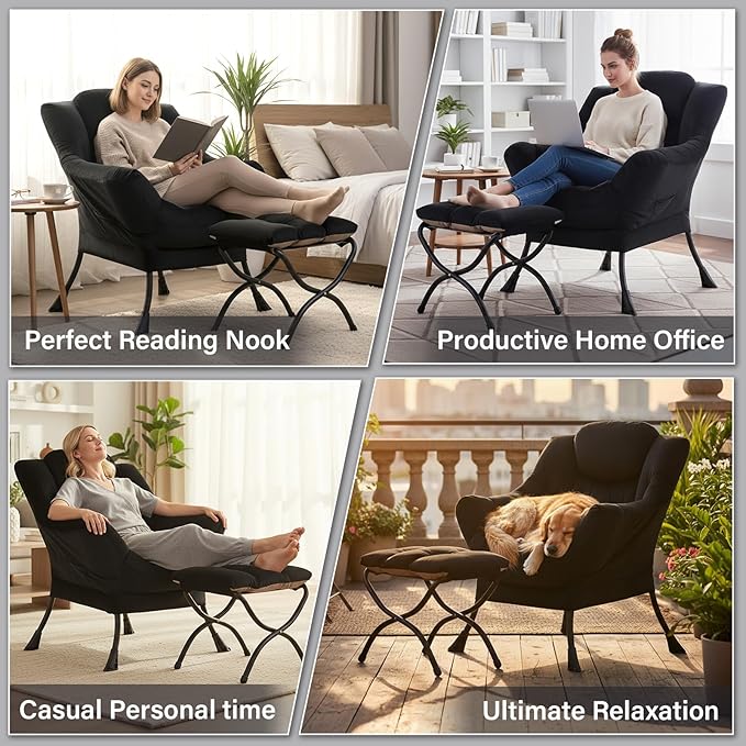 Lazy Chair and Ottoman Black Velvet Large Accent Chair with a Side Pocket Modern Leisure Upholstered Sofa Reading Armchair with Footrest for Office Bedroom Living Room Dorm Rooms Balcony