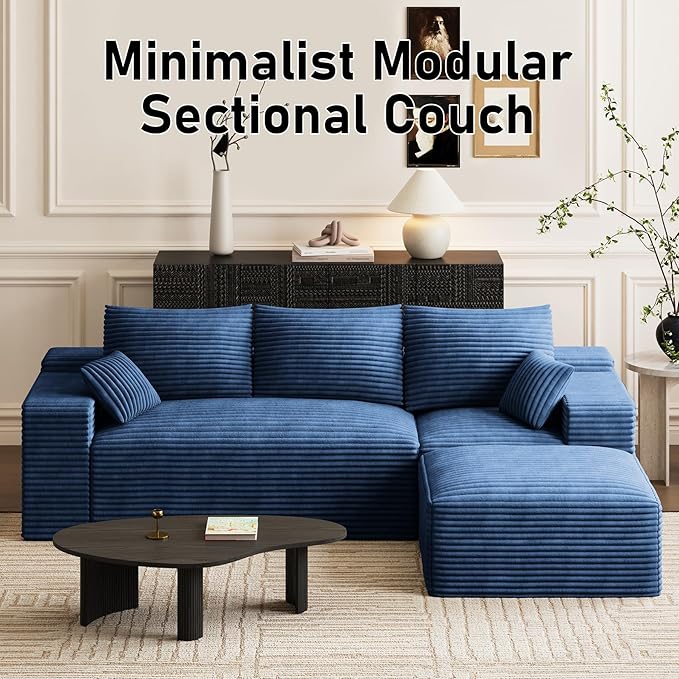 108 Boneless Couches for Living Room Comfy L Shaped Sectional Couches Modern Deep Seat Modular Sofa Cloud Fluffy Corduroy Couch with Movable Ottoman No Assembly Needed Blue