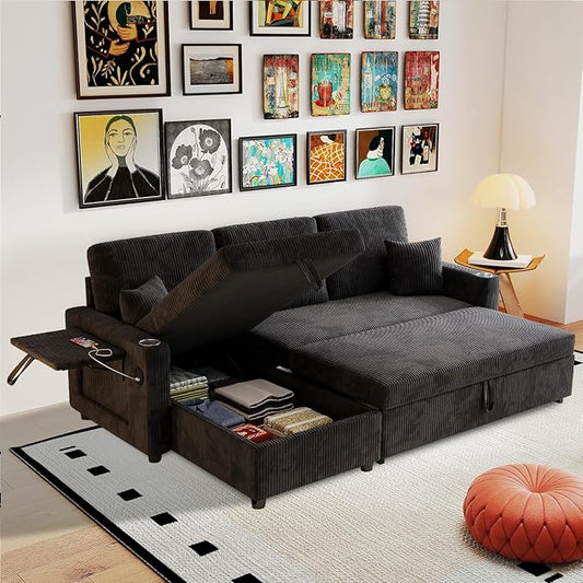 Rovibek 83 Convertible Sofa Bed Couch with Storage &amp USB Port – 4 in 1 L Shaped Sofa with Pull Out Couch Bed Side Table Cup Holder for Living Room Apartment Office Small Spaces Black