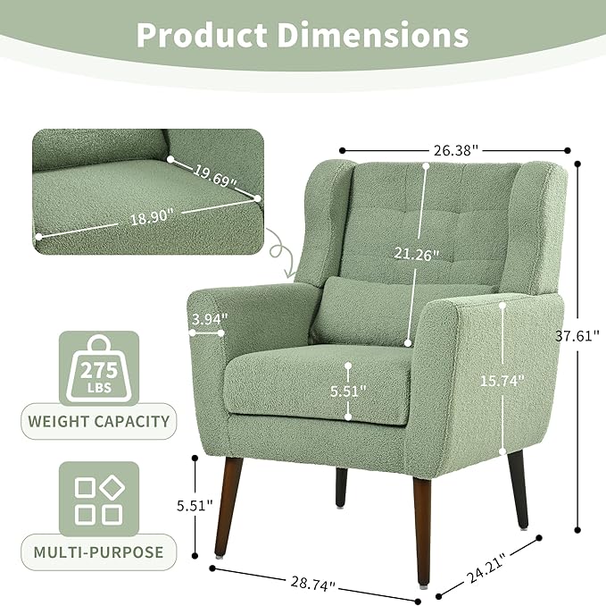 Modern Accent Chair Upholstered Arm Chair with Waist Pillow Single Sofa Chair for Living Room Bedroom Small Spaces (Light Green)