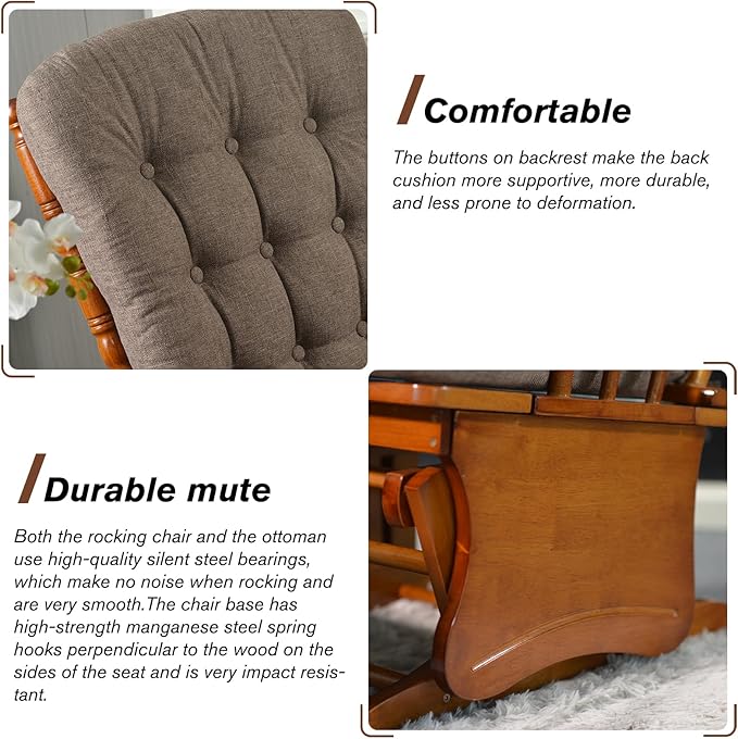 Anti-Pinch Solid Wood Hand Glider Rocking Chair Set with Ottoman with Padded Cushion Rustic Rubber Wood Nursery Glider for Nursing Relaxing Living Room Bedroom Oak Colored