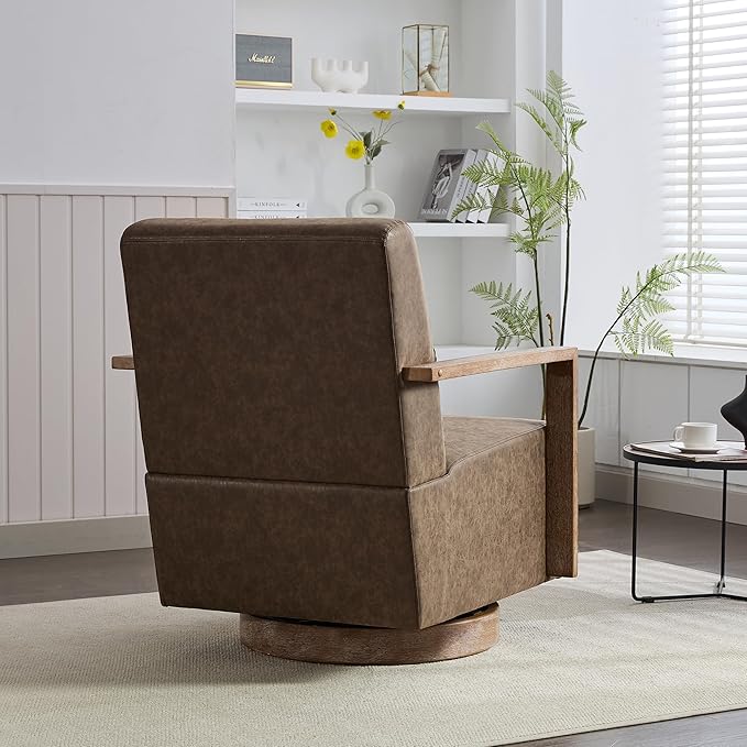 30.5 W Swivel Modern PU Upholstered Accent Chair with Solid Wood Armrests Comfy Lounge Reading Chair Side Armchair for Hotel Bedroom Living Room Office Nursery Room (PU Coffee)