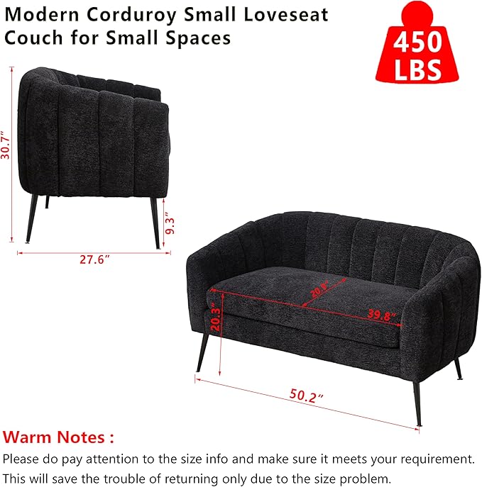 50.2 Small Sofa Couch for Small SpacesModern Chenille Loveseat CouchesOval 2 Seater Sofas with Metal Wood Legs for ApartmentDormStudioBedroomRV. (Black with Metal Legs 50.2)