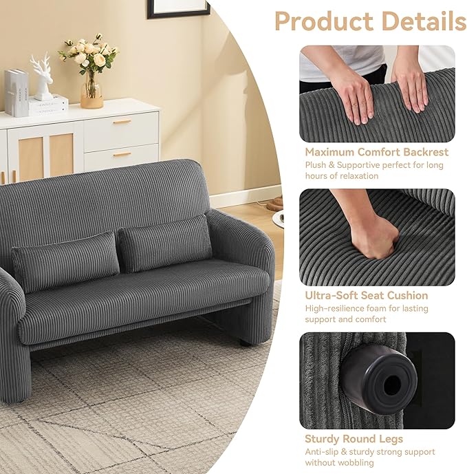 56'' Corduroy Loveseat Sofa 2 Seater Love Seat Couch for Small Space Comfy Upholstered Modern Leisure Loveseat Couches with Lumbar Pillows for Bedroom Office Living Room Grey