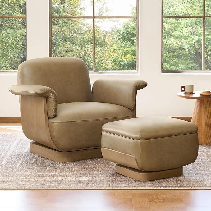 CHITA Genuine Leather Swivel Chair with Storage Ottoman Modern Living Room Accent Chair with Lounge Seat for Bedroom Office Mocha