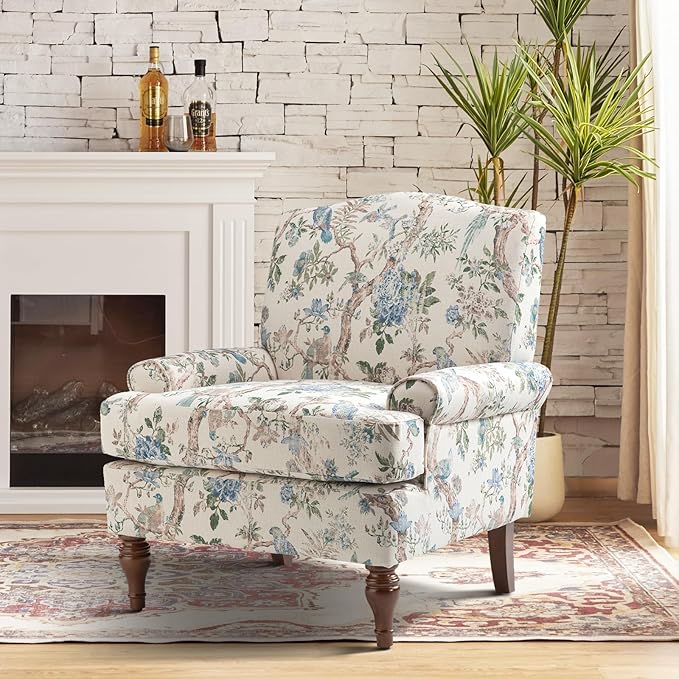 HULALA HOME Accent Chair with Solid Legs &amp Removable Cushion Blue Floral Comfy Upholstered Armchair Leisure Single Sofa Chair for Living Room Bedroom