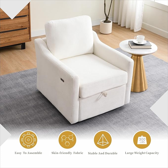 Swivel Accent Chair 360° Swivel Comfy Upholstered Seat for Living Room Bedroom Office with Hidden Storage &amp Dual USB-C Ports Chenille Fabric 300lbs Capacity White