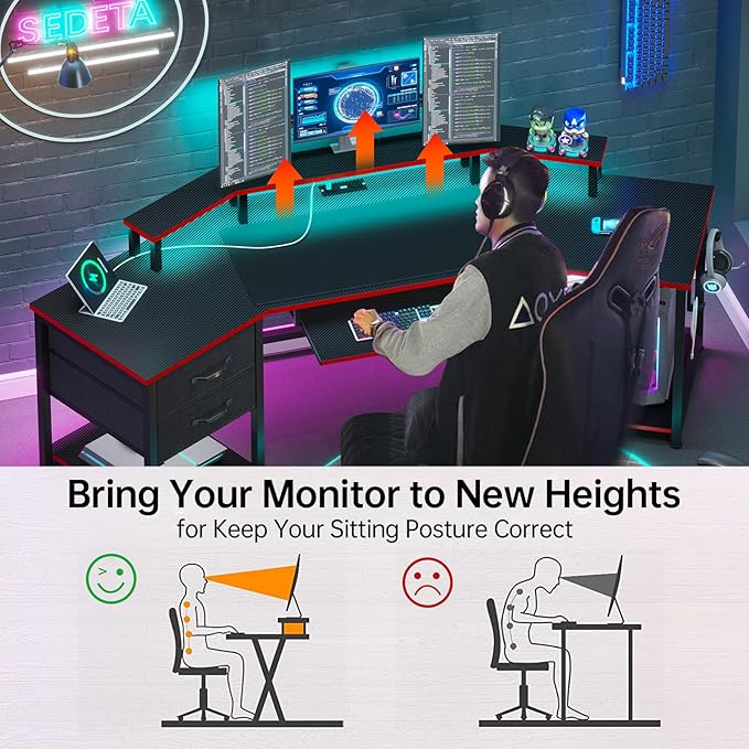 SEDETA 79 Gaming Desk Computer Desk with 2 Fabric Drawers &amp LED Light L Shaped Gaming Desk with Storage Shelf for Home Office Carbon Fiber Black&ampRed