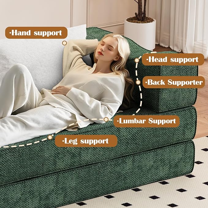 80 Convertible Folding Sofa Bed 4-in-1 DIY Combination Fold Out Sleeper Sofa Bed King Size Loveseat sleeper Couch w/ Removable Armrests Chenille Floor Couch Small couches for small spaces (Green)