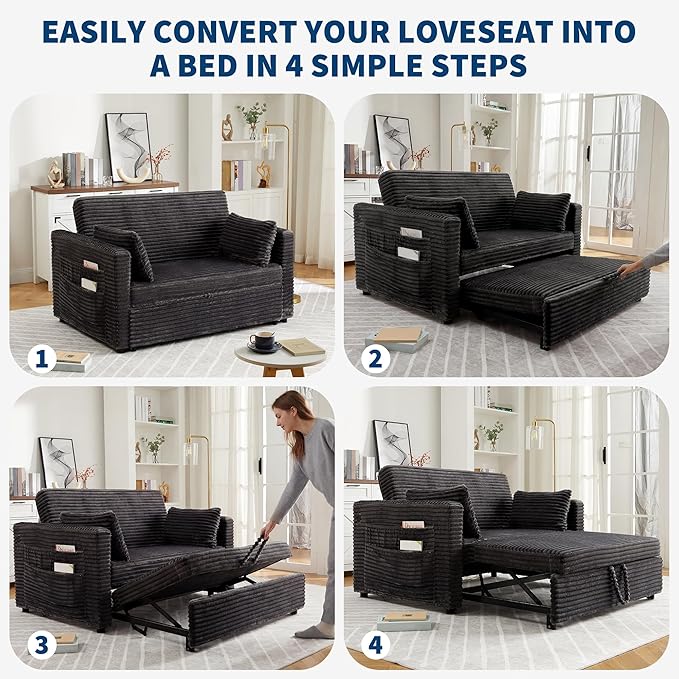 Loveseat Sleeper Sofa Bed 55'' Pull Out Couch with Adjustable Backrest Charging Station and Side Pockets Corduroy Couches for Living Room Bedroom and Apartment Dark Grey