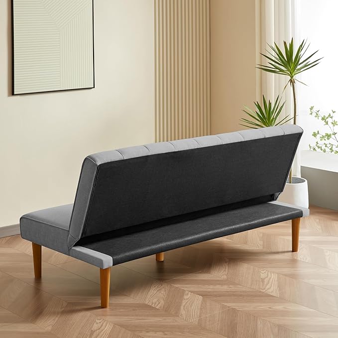 HomePop Upholstered Bergen Convertible Futon Sofa Bed Modern Sofa Couches for Living Room Small Spaces Dorm Apartment Gray Woven
