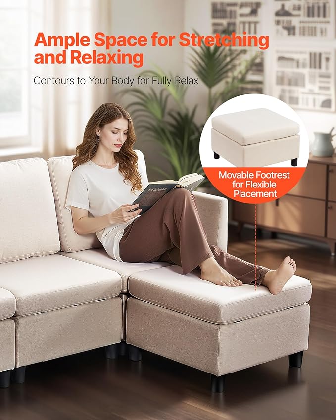 VEVOR Modular Sectional Sofa 3-Seater Modular Sofa with Hidden Storage Customizable Cloud Sectional Couch with Ottoman Solid Wood Frame Upholstered Couch for Living Room Bedroom Beige