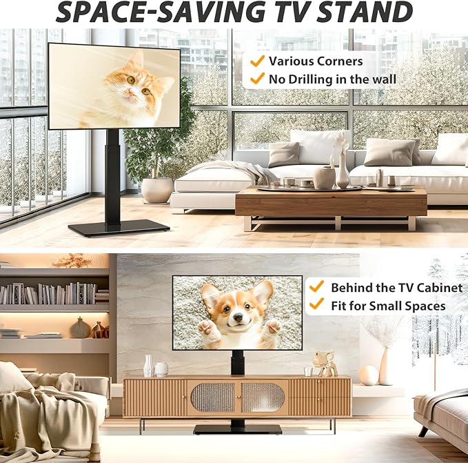 TAVR Universal Floor TV Stand Base for 32-75 Inch TVs up to 110 Lbs with Swivel Height Adjustable Mount Black Tempered Glass Base for Media Storage and Space Saving