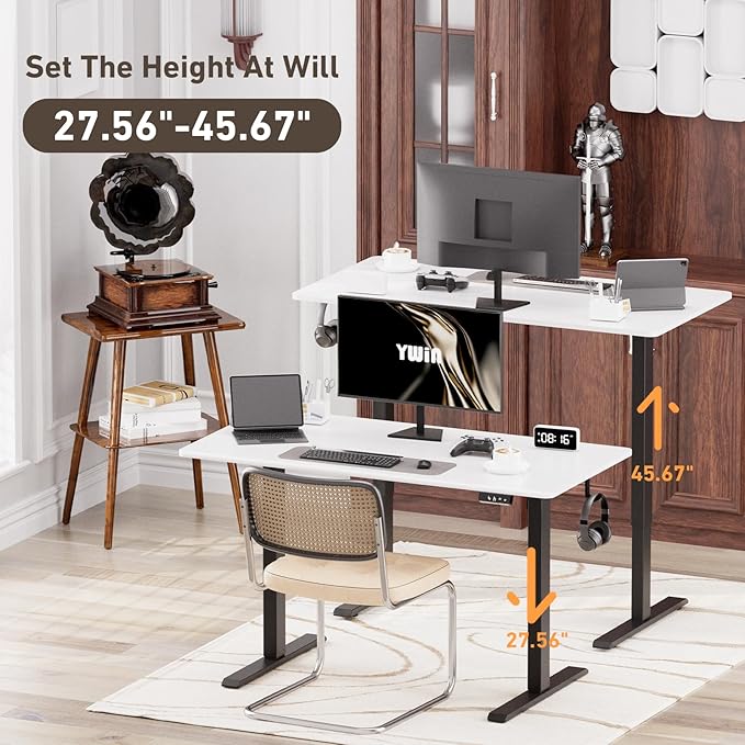 Ywin Electric Height Adjustable Standing Desk with Wheels 63 x 24 inches Ergonomic Stand Up Desk for Home Office