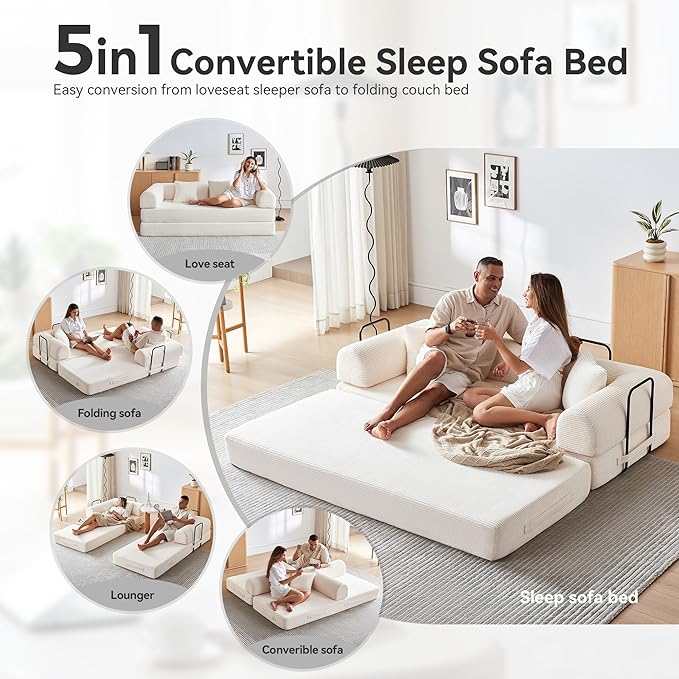 Convertible Folding Mattress Couch 5-in-1 Futon Sofa with Armrests Sleeper Mattress Sofa Bed Comfy Fold Out Bed for Living Room Bedroom LoungeGuest Office (Beige White)