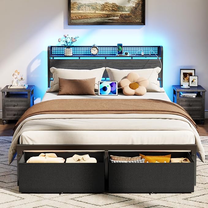 Furnulem Queen Bed Frame with Headboard Storage Platform Bed Frame Queen Size with Charging Station 2 Drawers &amp LED No Box Spring Needed Noise Free Easy Assembly Rustic Grey (1000 lbs Capaci