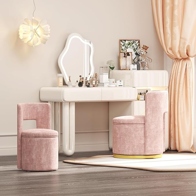 360° Round Swivel Chair with Storage Under Seat Comfy Chair for Living Room Bedroom Reading Room (Pink)