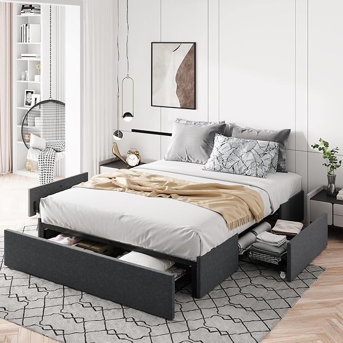 Allewie Full Size Platform Bed Frame with 3 Storage Drawers Fabric Upholstered Wooden Slats Support No Box Spring Needed Noise Free Easy Assembly Dark Grey