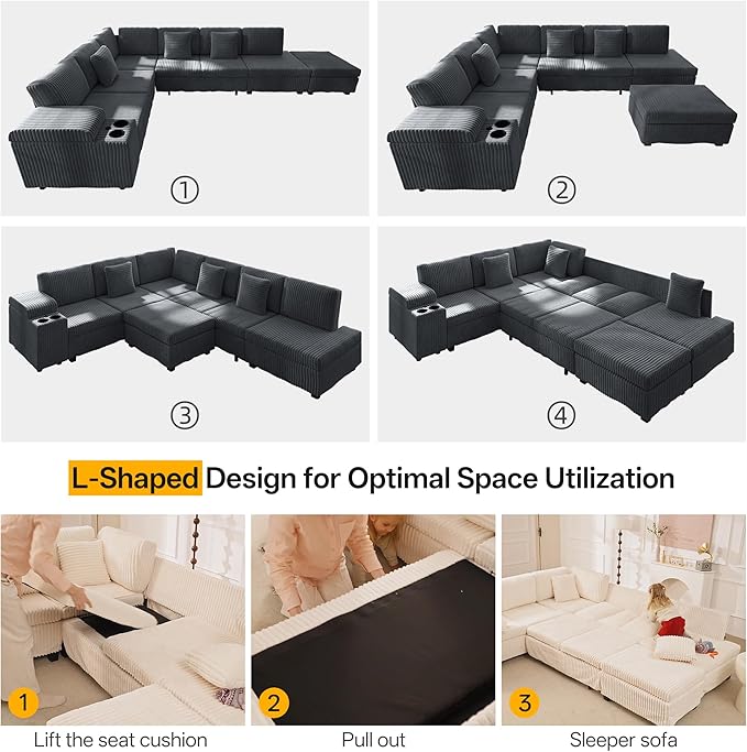 KEIKI 110 L-Shaped Oversized Plush Corduroy Modular Sectional Sofa with Pull-Out Bed Convertible 6-Seater Sleeper Couch Bed with 1 Ottomans &amp USB &amp Cup Holders Easy Assembly for Living Roo