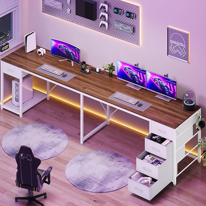 57 L Shaped Desk with 5 Drawers Reversible Computer Corner Desk with Storage &amp Power Strip for Home Office 78.7 Long 2 Person Desk Brown+White