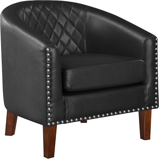 Prilinex Comfy Barrel Accent Chair - Faux Leather Living Room Chair Club Chair with Cushion Diamond Grid Backrest &amp Nailhead Trim Guest Chair for Office Bedroom &amp Waiting Room Black