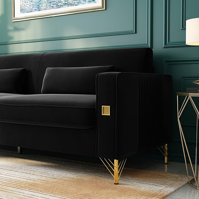 85 Velvet SofaMid-Century Modern Chesterfield 3 Seat Comfy Couch with Pillows Set of 2 for Living RoomBedroomApartment Furniture with Gold Metal Legs (P18-Black)